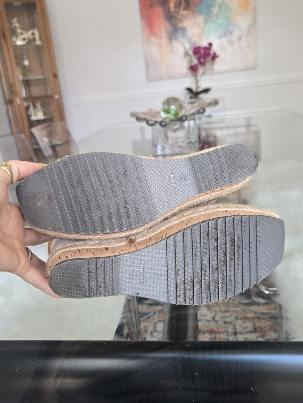 Prada Tan Beige Leather Espadrille Wedge Sandals Square Peep Toe Heels 40 - Picture 10 of 15